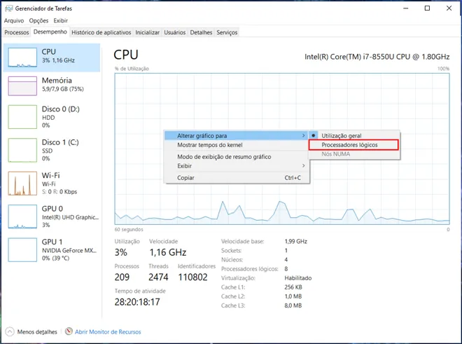 É possível verificar os núcleos ativos no Gerenciador de Tarefas do Windows (Imagem: Captura de Tela/Canaltech)