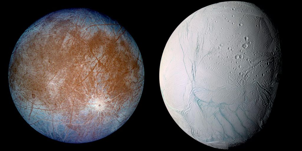 Europa (à esquerda) e Encélado (à direita), duas luas do Sistema Solar que podem abrigar algum tipo de vida em seus oceanos subterrâneos
