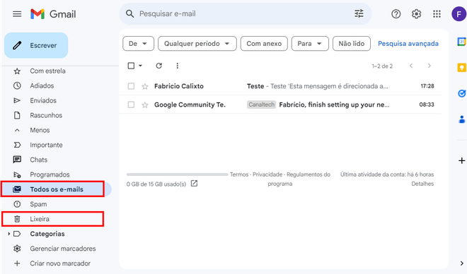 A lixeira bem como a seção de itens arquivados podem ser acessados no painel lateral esquerdo do Gmail (Imagem: Captura de tela/Fabrício Calixto/Canaltech)
