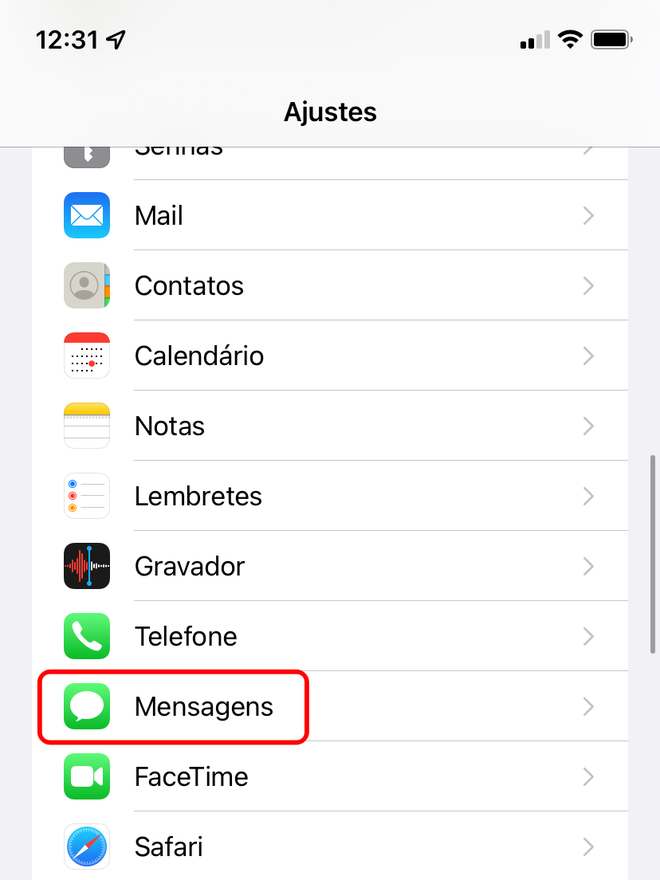 Vá ao menu "Mensagens" nos ajustes do iOS - Captura de tela: Thiago Furquim (Canaltech)
