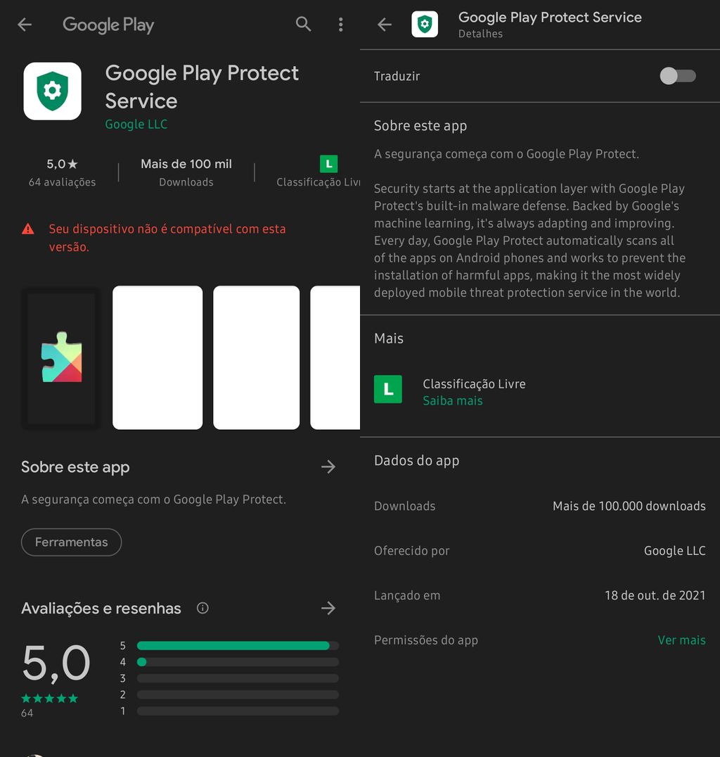 O Google Play Protect Services agora é app e pode ser atualizado com mais frequência (Imagem: Igor Almenara/Canaltech)