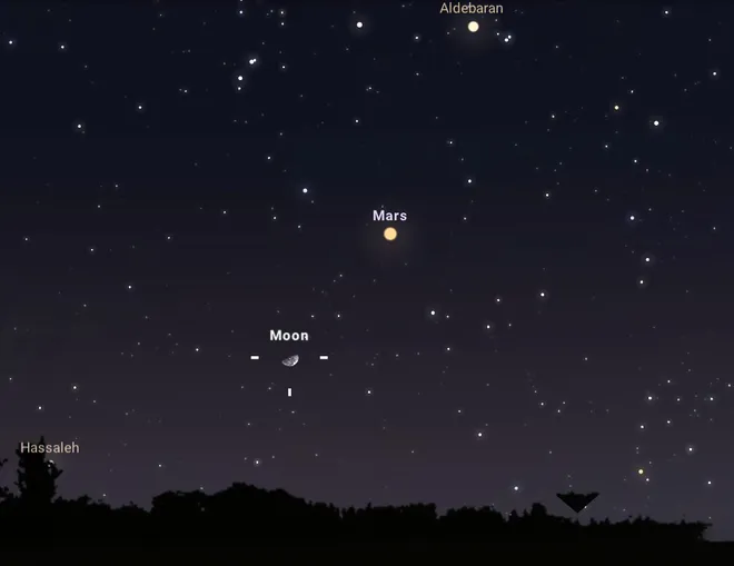 Lua e Marte no céu por volta das 00h30 de 16 de Setembro de 2022. (Imagem: Reprodução / Stellarium Web)