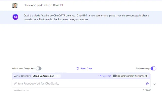 O Chatsonic consegue até fazer piada com o rival ChatGPT no modo comediante (Imagem: Alveni Lisboa/Canaltech)