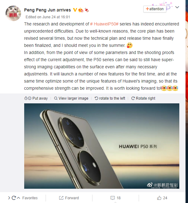 Mesmo após diversas adaptações, o Huawwei P50 deve estrear diversas tecnologias de câmera (Imagem: Reprodução/Weibo)