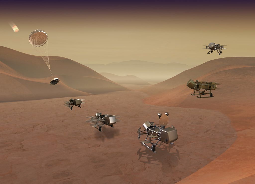 Arte conceitual da sonda Dragonfly, que será um misto de drone com robô para explorar Titã (Imagem: Johns Hopkins APL)