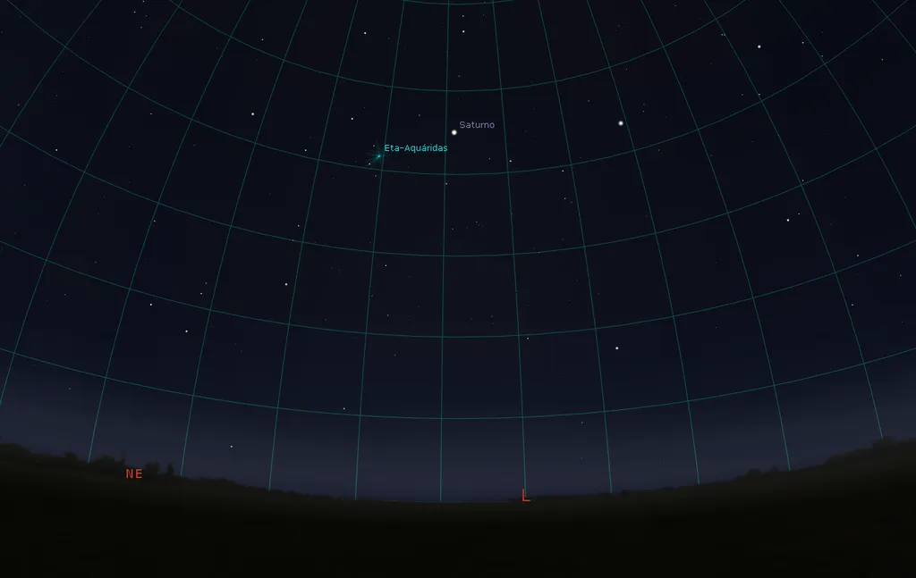 Radiante da Eta Aquáridas às 04h45 de 5 de maio, São Paulo, ao Leste; Saturno estará próximo da estrela Eta Aquarii (Imagem: Reprodução/Stellarium)