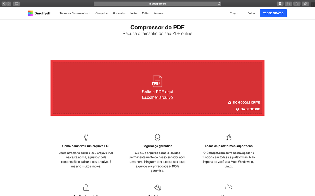 SmallPDF: Enviando PDF para compressão / Captura de tela: Bruno Salutes