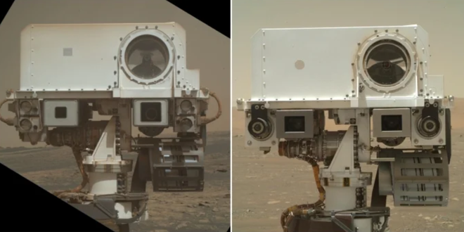 A grande semelhança física entre o Curiosity (à esquerda) e Perseverance (à direita), sobretudo no hábito de fazer selfie (Imagem: Reprodução/NASA/JPL-Caltech)