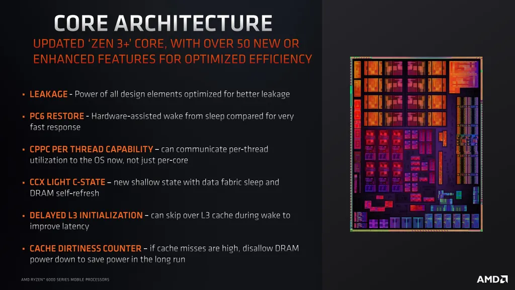 Mais de 50 otimizações foram feitas na microarquitetura Zen 3+ para garantir ganhos massivos de eficiência (Imagem: AMD)