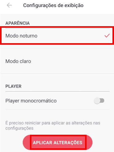 Marque o "Modo noturno" e depois clique em "Aplicar alterações" (Captura de tela: Matheus Bigogno)