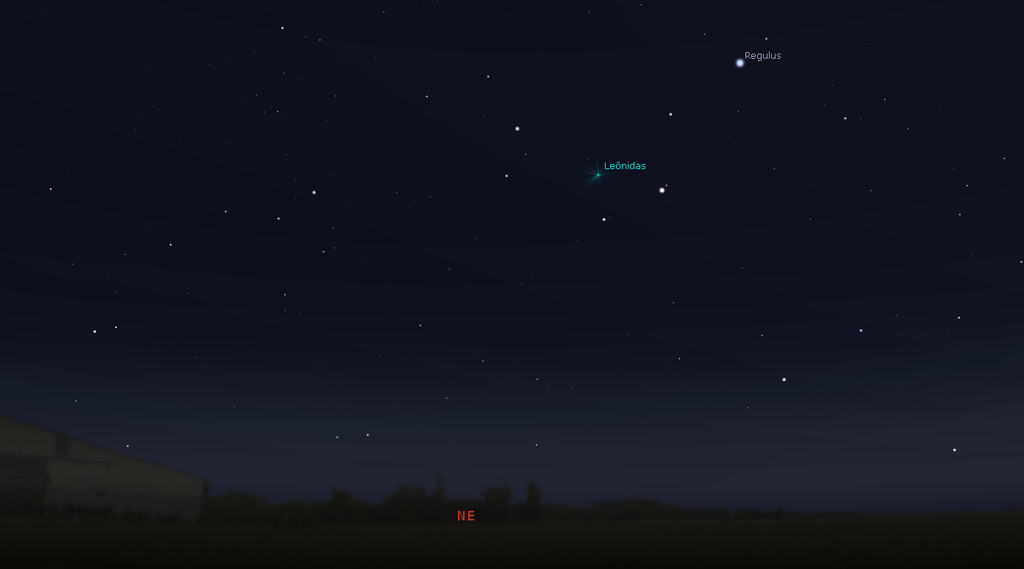 A posição da estrela Régulo, a mais brilhante da constelação de Leão, e do radiante da Leônidas (Imagem: Reprodução/Stellarium.org)