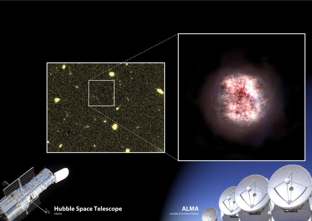 À esquerda, a região distante do espaço observada pelo Hubble e, à direita, o que foi visto pelo radiotelescópio ALMA (Imagem: Reprodução/NASA)
