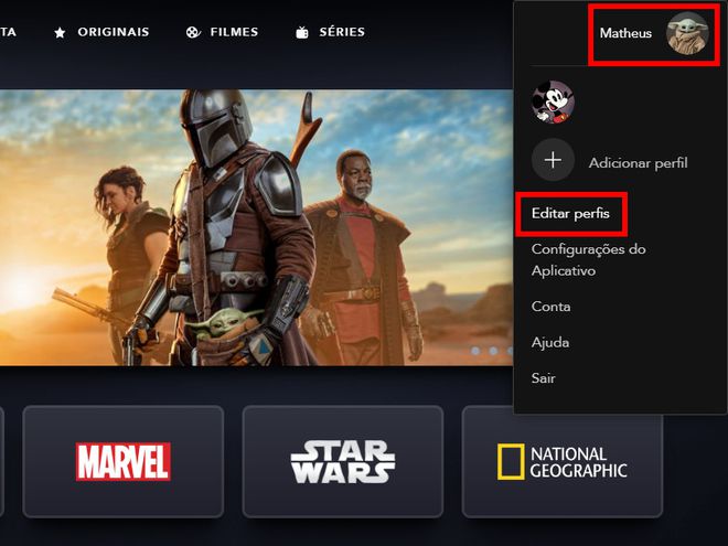 Acesse o site do Disney+, clique no ícone do seu perfil e, em seguida, em "Editar perfis" (Captura de tela: Matheus Bigogno)