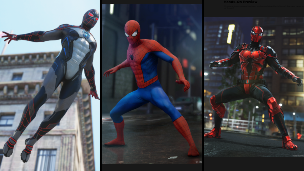 Alguns uniformes do Spider-Man disponíveis em Marvel's Avengers (Imagem: Montagem/Reprodução/IGN)