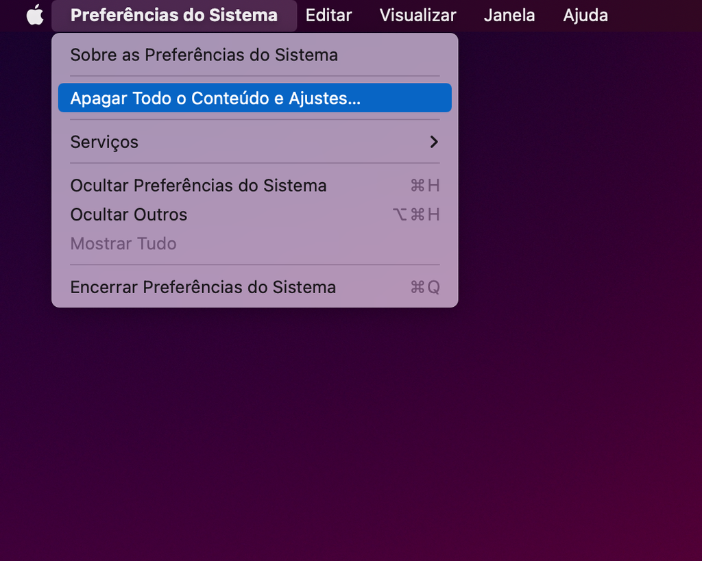 Na janela da barra de menus das Preferências do Sistema, clique para apagar todo o conteúdo e ajustes do seu Mac. (Bruno Salutes/Canaltech)