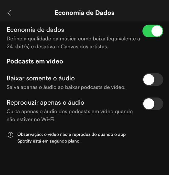 No Spotify você pode usar a opção "Economia de dados" para poupar seus dados de internet - (Captura: Canaltech)