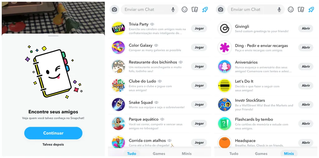 Chame seus amigos para jogar e aproveitar mini-aplicativos nos chats do Snapchat (Captura de tela: Canaltech/Felipe Freitas)