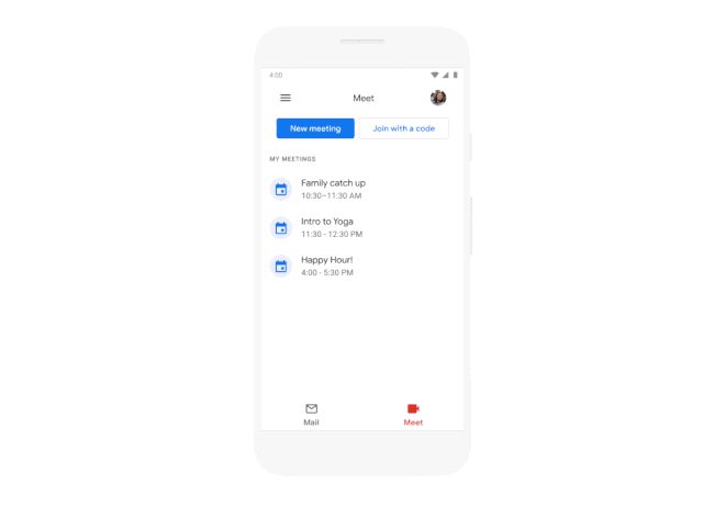 Depois do serviço pelo navegador, app do Gmail também vai ceder espaço na tela para o Google Meet (imagem: Google)
