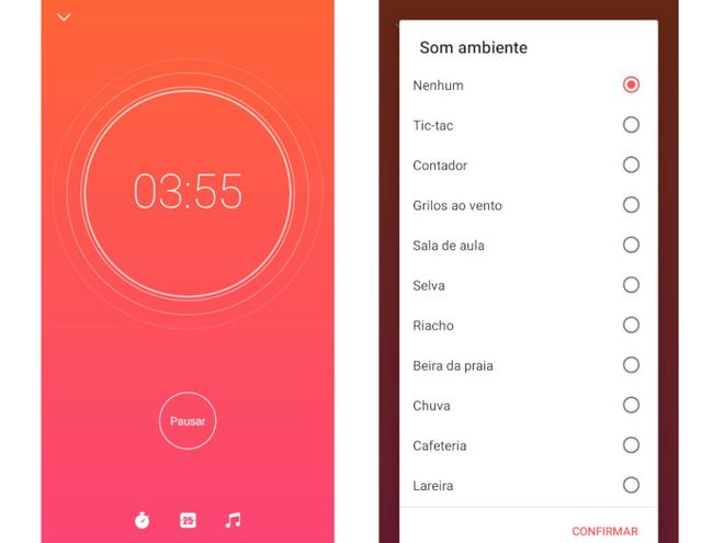 O app permite marcar o tempo das atividades e permite colocar alguma música para relaxar (Captura de tela: Matheus Bigogno)