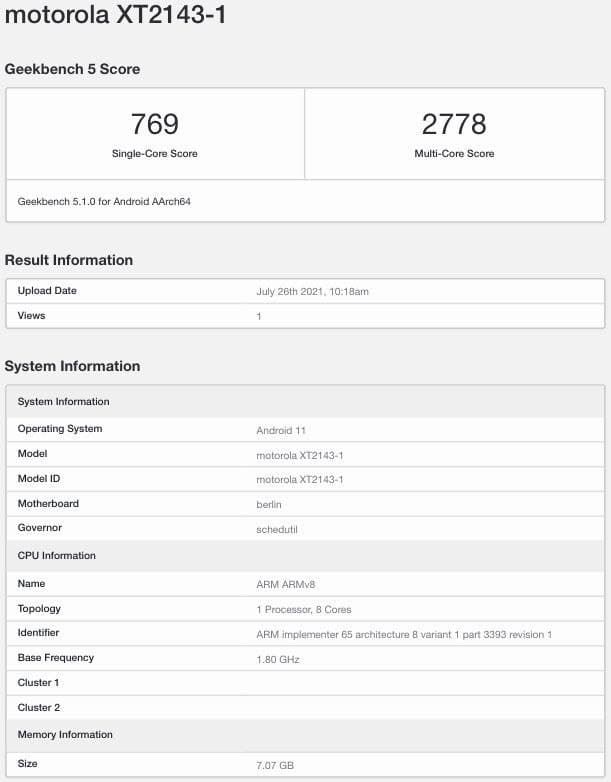 O teste vazado confirma que o Edge 20 base será equipado com Snapdragon 778G e 8 GB de RAM (Imagem: Reprodução/MySmartPrice)