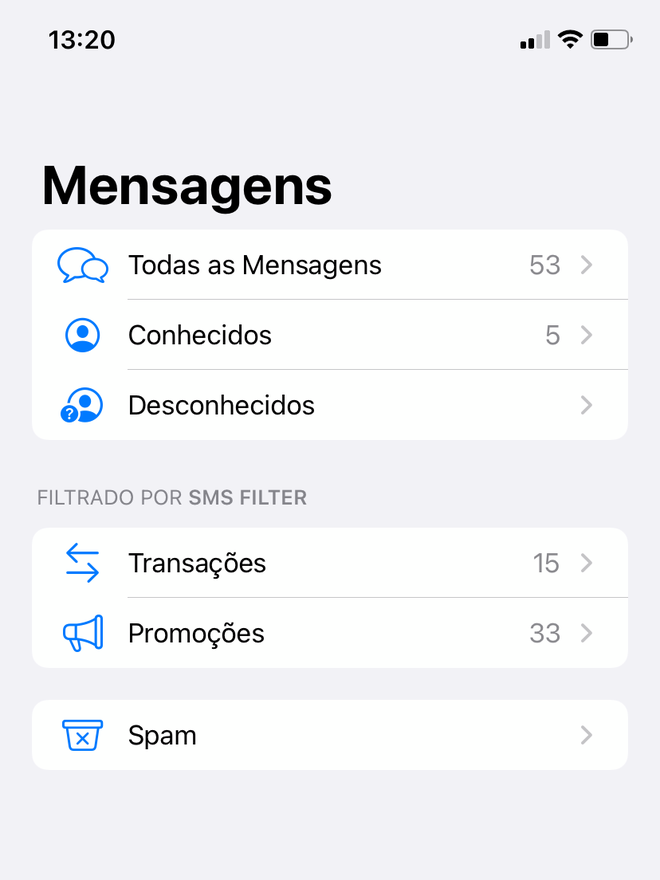 O iOS 15 no Brasil filtra as mensagens indesejadas por SMS - Captura de tela: Thiago Furquim (Canaltech)