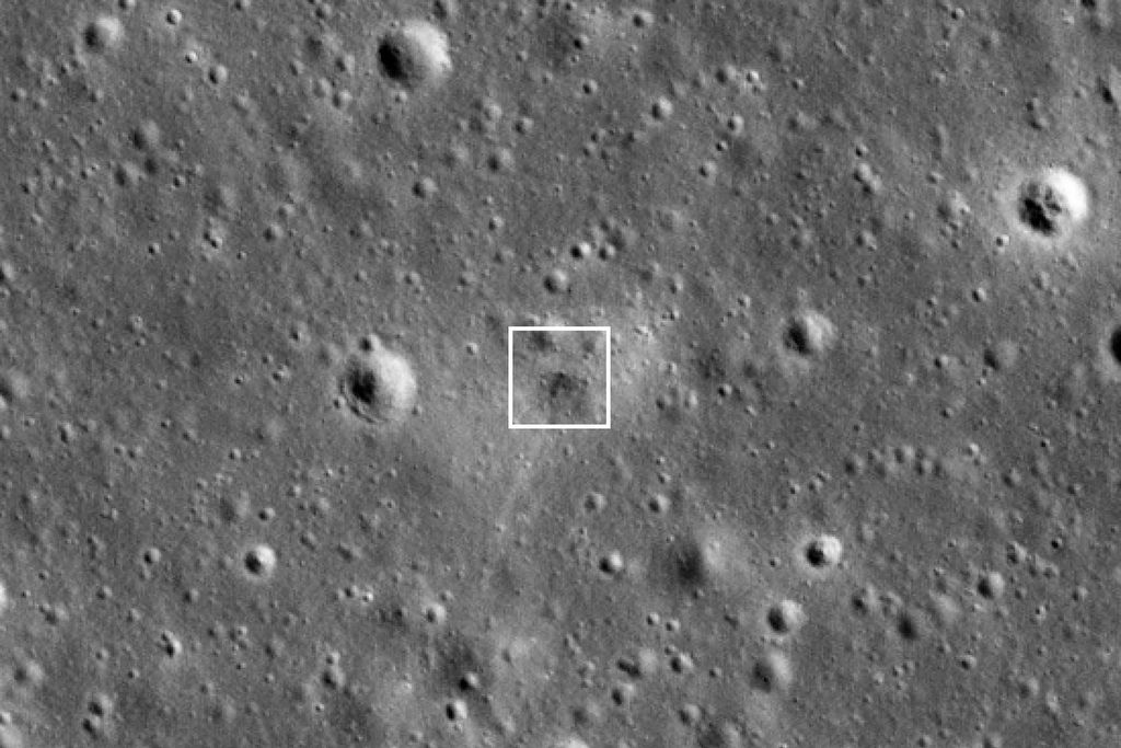Local de impacto da nave Beresheet, registrado pela sonda Lunar Reconnaissance (Imagem: Reprodução/NASA/GSFC/Arizona State University)