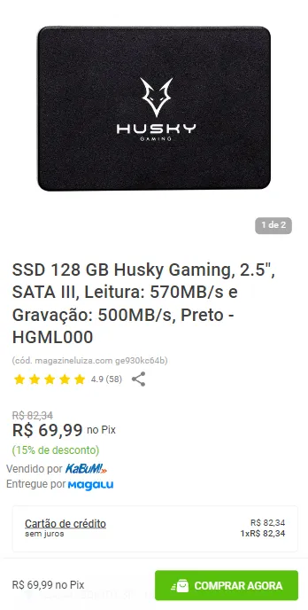 SSD 128 GB Husky Gaming, 2.5, SATA III, Leitura: 570MB/s e Gravação:  500MB/s, Preto - HGML000