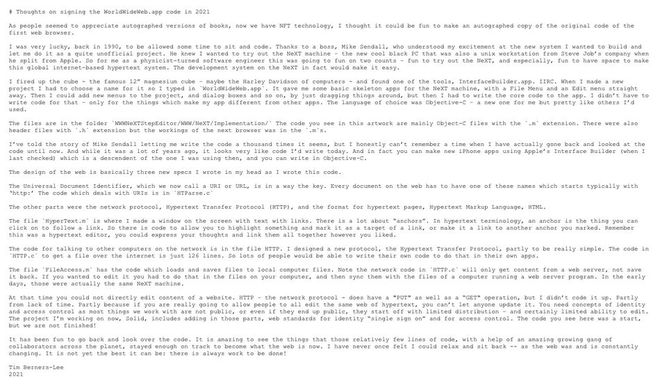 Este é um dos itens comercializados: uma carta de Tim Berners-Lee refletindo sobre a WWW (Imagem: Divulgação/Sotheby's)