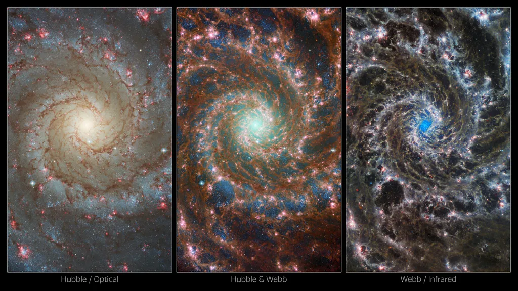 À esquerda, a galáxia M74 observada pelo telescópio Hubble, e à direita, pelo Webb; no centro, ela aparece com dados dos dois telescópios combinados