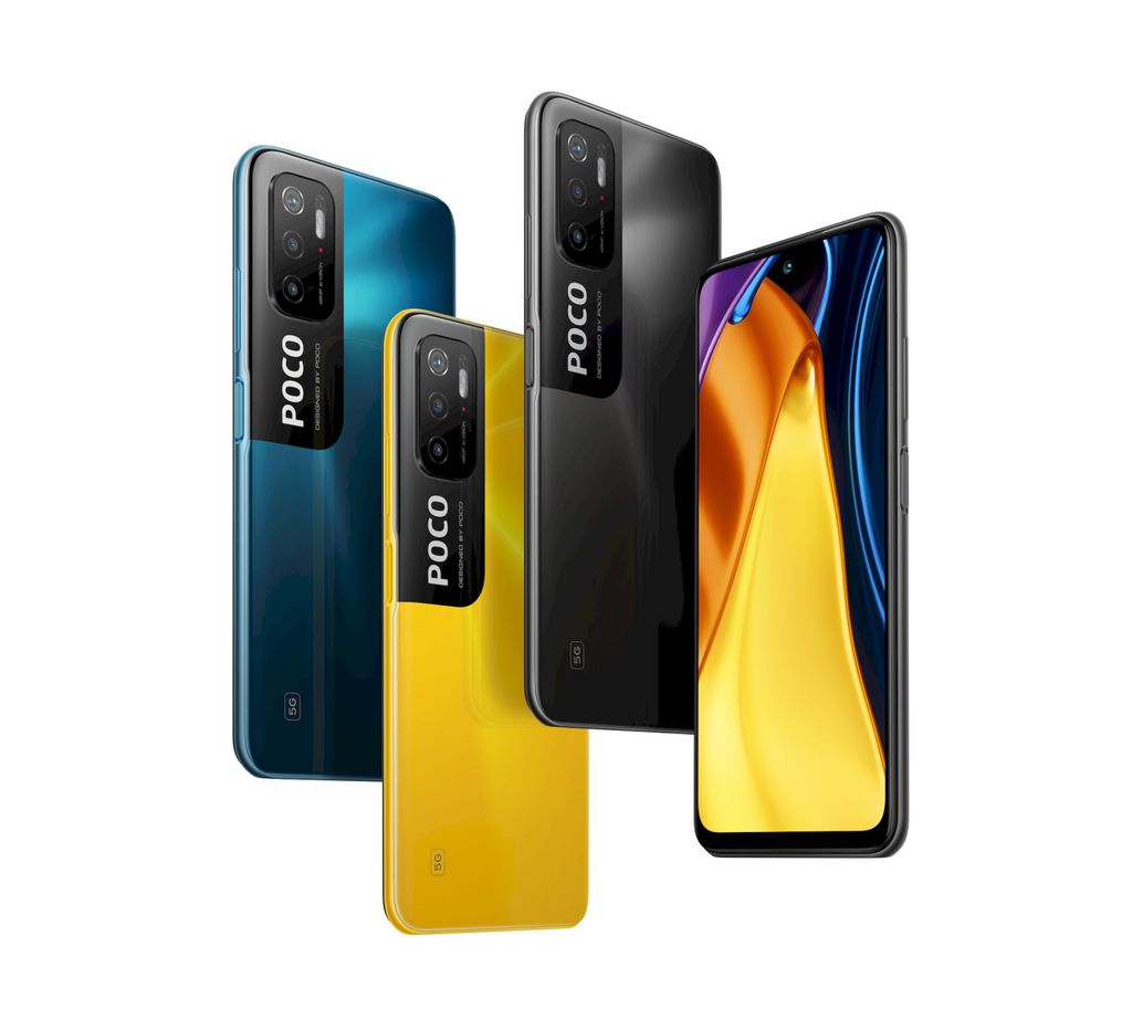 POCO M3 Pro 5G nas cores Cool Blue, POCO Yellow e Power Black (Imagem: Reprodução/GSMArena)
