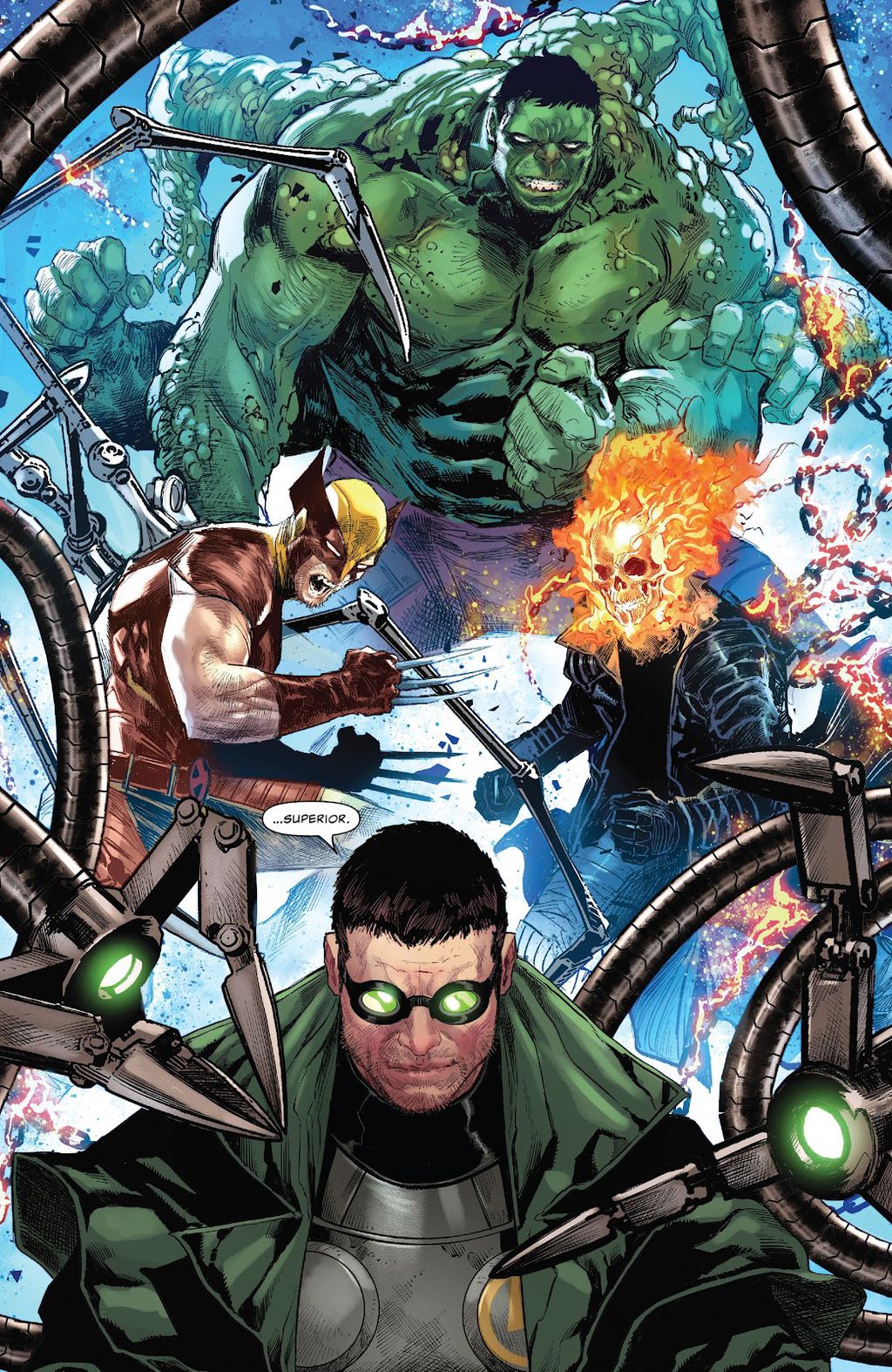 Doutor Octopus com seu Quarteto do mal, com versões de Hulk, Wolverine e Motoqueiro Fantasma (Imagem: Reprodução/Marvel)