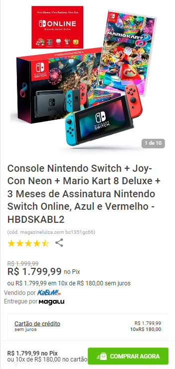 Console Nintendo Switch Azul e Vermelho + Joy-Con Neon + Mario Kart 8  Deluxe + 3 Meses de Assinatura Nintendo Switch Online