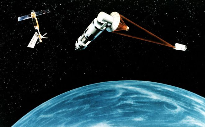 Ilustração de uma arma a laser baseada em um satélite que faria parte de uma rede do tipo, como previa o SDI (Imagem: Reprodução/U. S. Air Force)