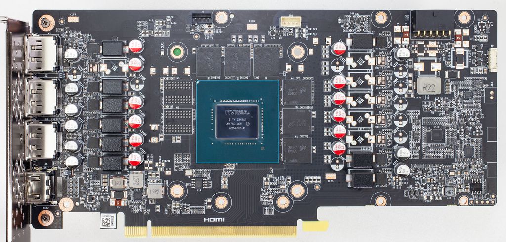 PCB apresenta sete fases de alimentação da GPU e duas para memória, ambos com VRMs de 50A (Foto: Reprodução/TechPowerUp)