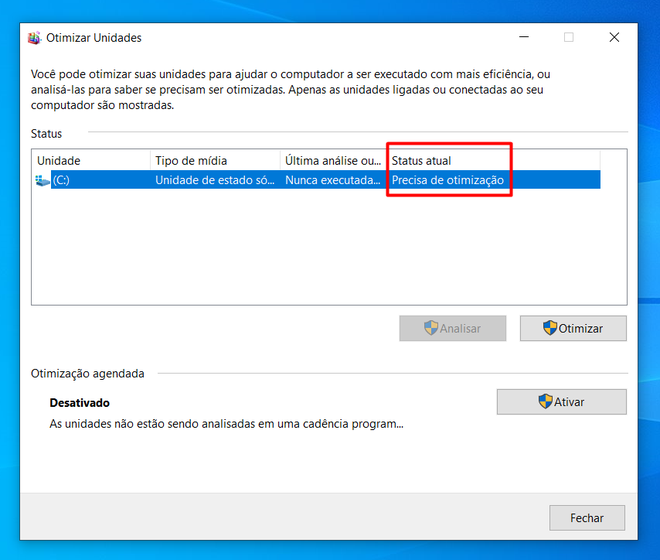 Windows 10 não está registrando data da última otimização de disco (Imagem: Alberto Rocha/Captura de tela)