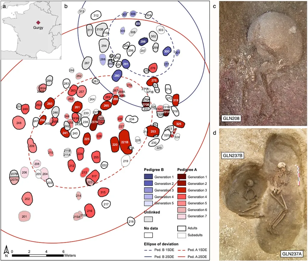 Localização de Gurgy, dos corpos encontrados no cemitério do Neolítico e alguns de seus enterrados, à direita (Imagem: Rivollat et al./Nature)