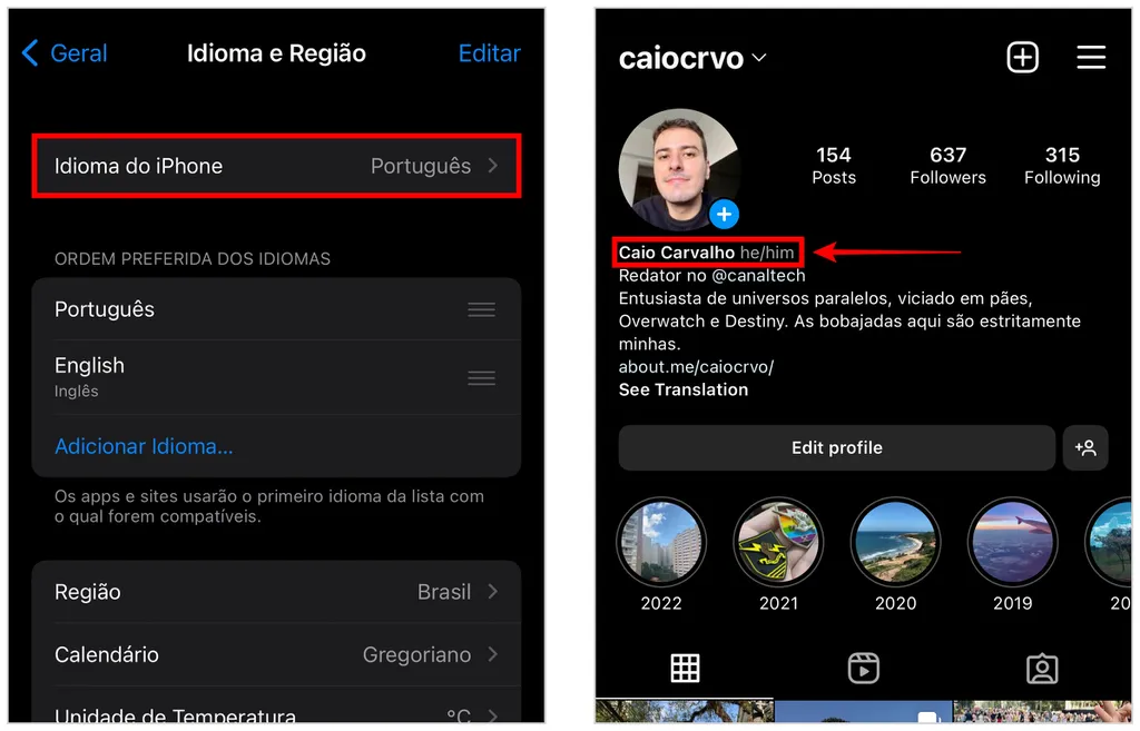 Mude o idioma do celular para colocar pronomes no Instagram (Captura de tela: Caio Carvalho)