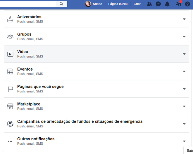 Uma vez desativadas, as notificações de vídeos ao vivo do Facebook nunca mais serão recebidas (Captura de tela: Ariane Velasco)