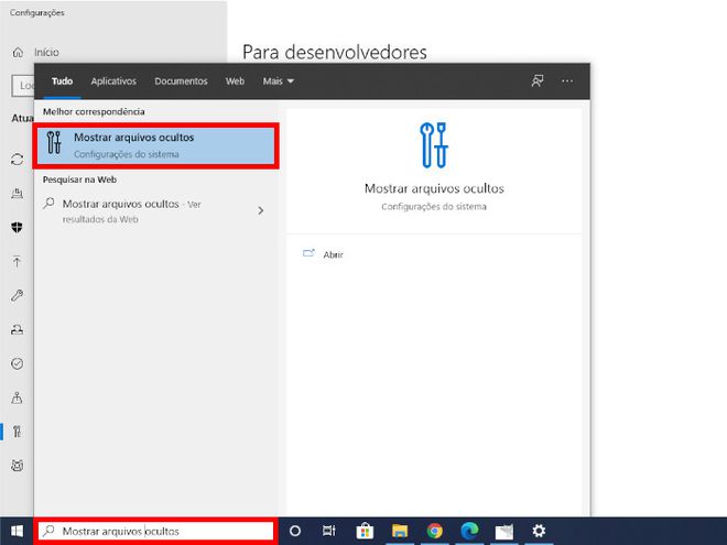 Na barra de tarefas do Windows 10, pesquise pela opção "Mostrar arquivos oculetos" e clique no resultado da pesquisa (Captura de tela: Matheus Bigogno)