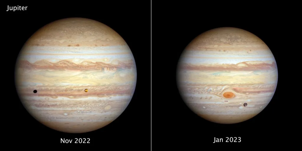 À esquerda, imagem de Júpiter capturada no ano passado, com o anel de tempestades; já a imagem direita destaca a Grande Mancha Vermelha, e mostra ainda a lua Ganimedes (Imagem: Reprodução/NASA, ESA, STScI, A. Simon, M. H. Wong, J. DePasquale)