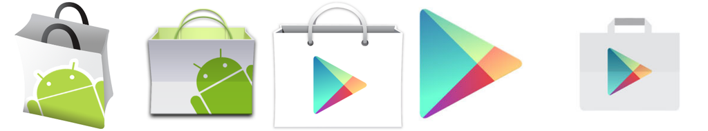 Evolução dos ícones da loja: do Android Market, em 2008, até Google Play em 2019