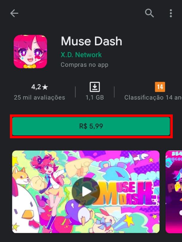 Acesse a Play Store e compre o Muse Dash (Captura de tela: Matheus Bigogno/Canaltech)