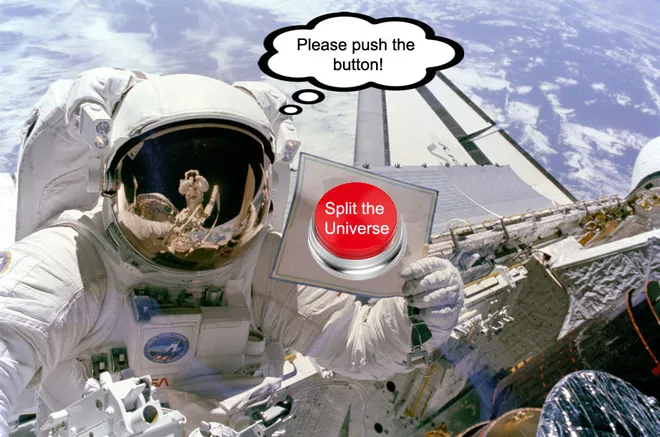 O que aconteceria se você pudesse apertar o botão vermelho? (Imagem: Reprodução/ NASA, Erwin Schrödinger's cat)