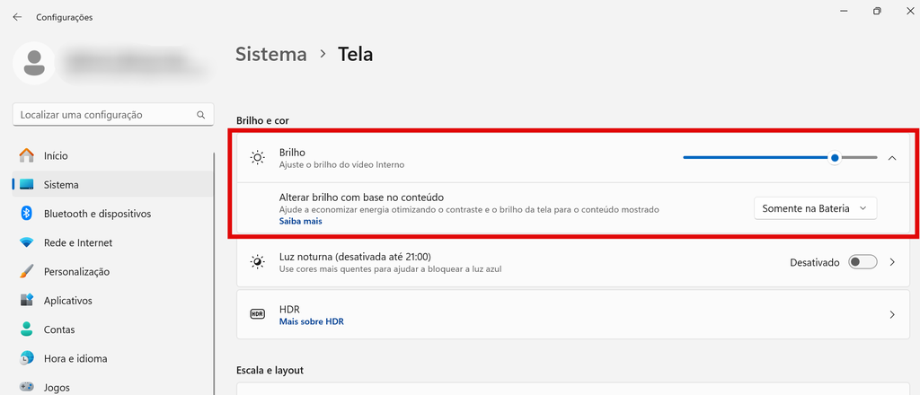 Ajuste de brilho da tela pelas configurações do Windows (Imagem: Captura de tela/Guilherme Haas/Canaltech)