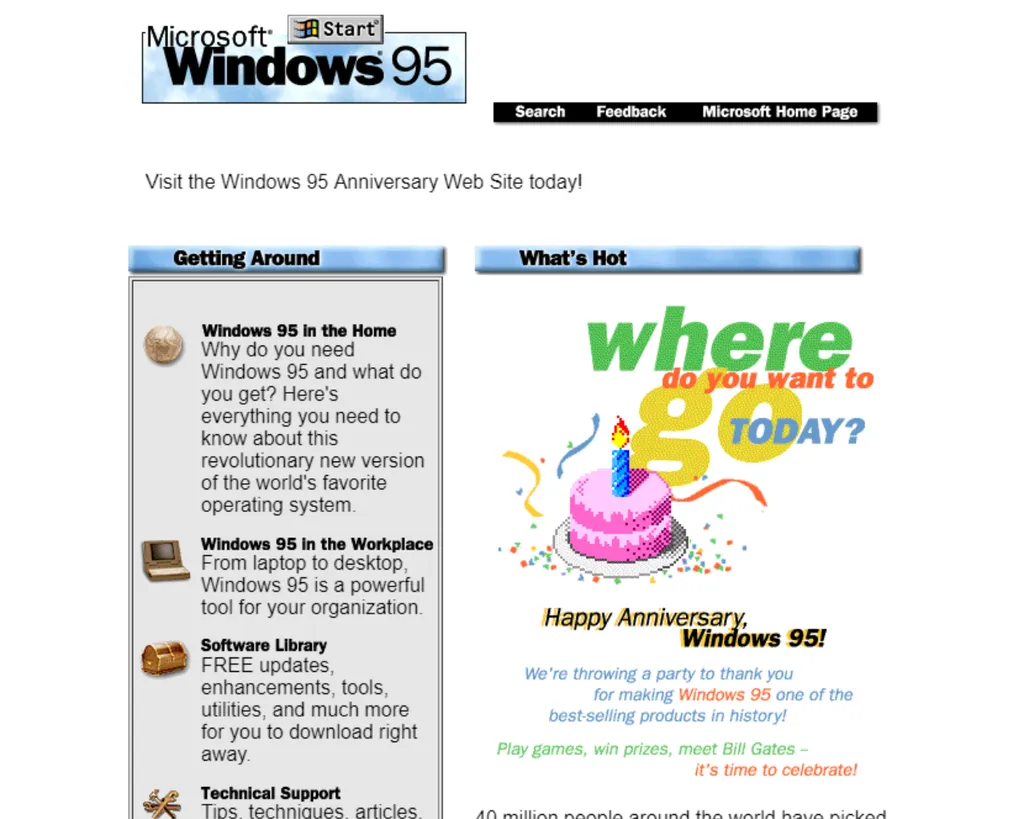 O Windows 95 tinha um site de comemoração de seu primeiro aniversário, em 1996 (Imagem: Reprodução/Web Design Museum)