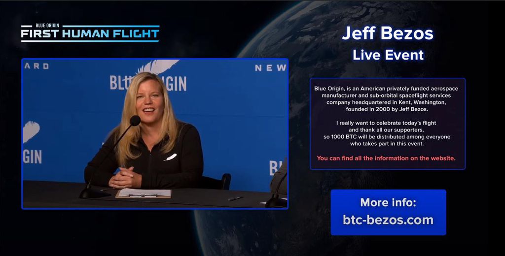Voo de Jeff Bezos ao espaço com a Blue Origin vira isca para golpes com Bitcoins