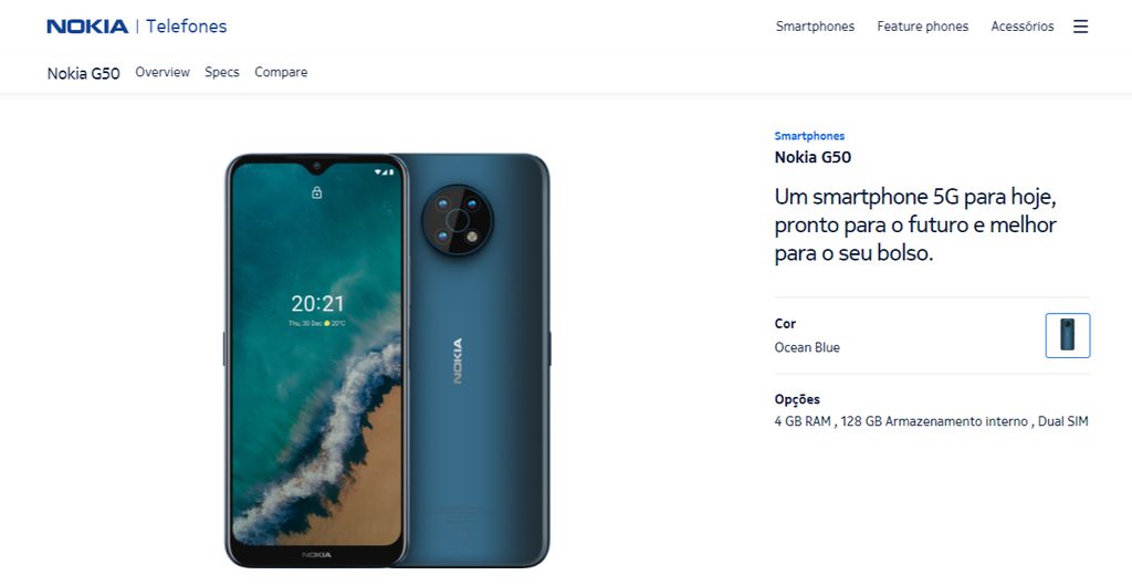 Site da Nokia está pronto para as vendas do G50 (Imagem: Captura de tela/Nokia)