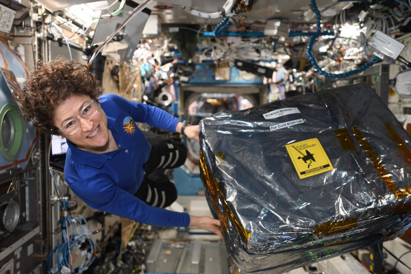 A astronauta da NASA, Christina Koch, e o hardware do Cold Atom Lab a bordo da Estação Espacial Internacional (Imagem: Reprodução/NASA)