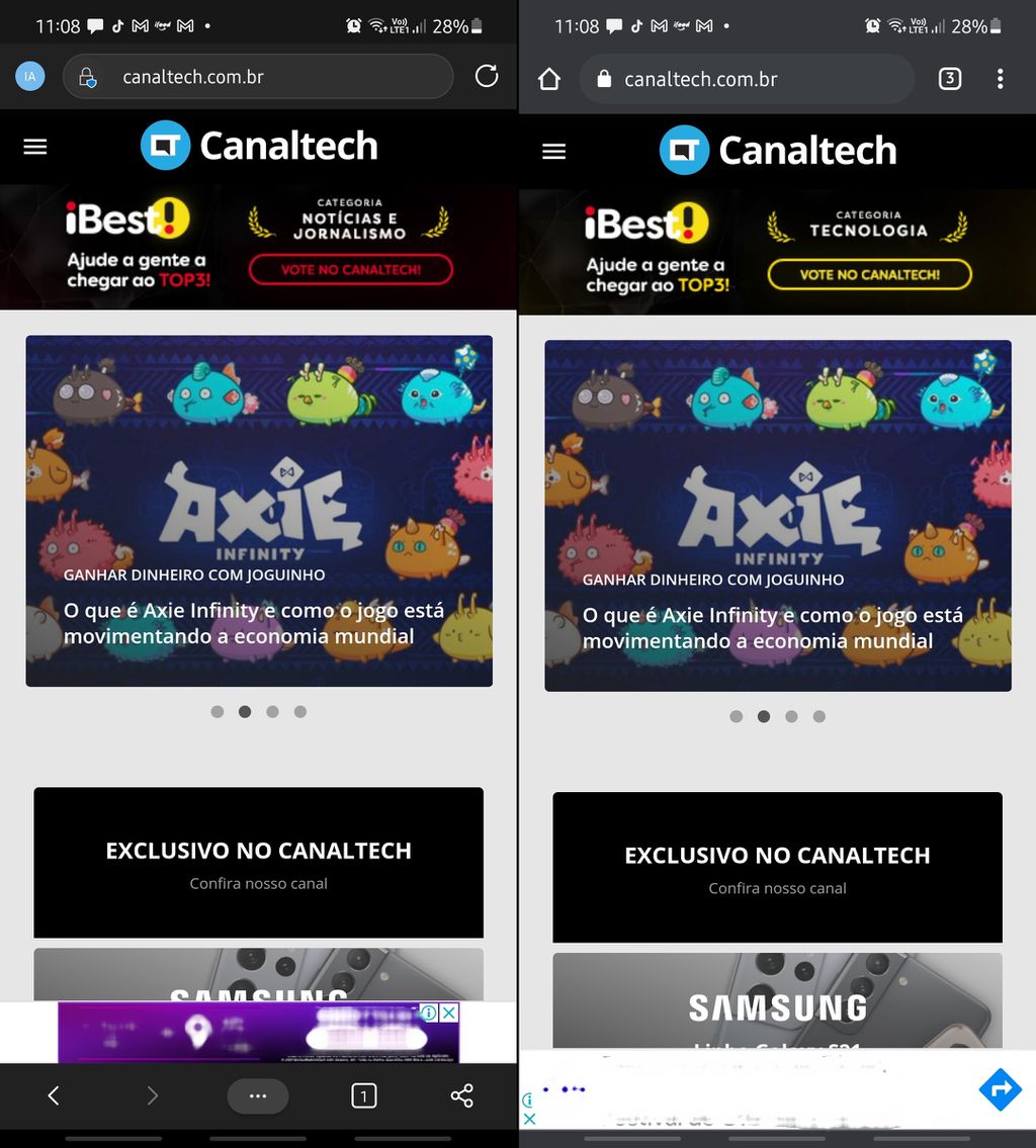 Interface do Edge (à esquerda) toma mais espaço útil da tela para apresentar as ferramentas, enquanto o Chrome (à direita) dá mais espaço para o conteúdo do site visitado (Imagem: Igor Almenara/Canaltech)