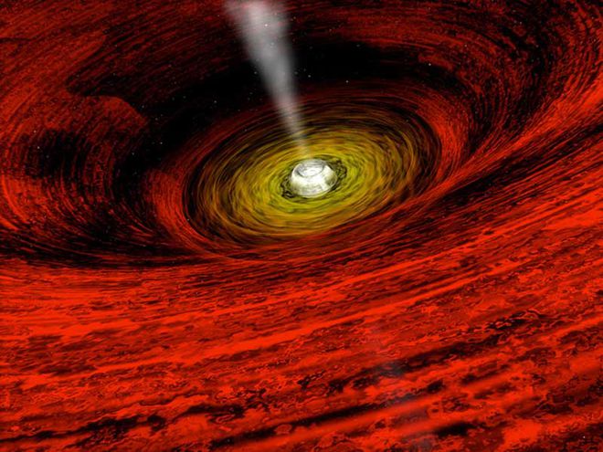 Ilustração da atividade em torno de um buraco negro. Embora a matéria que passou no horizonte de eventos do buraco negro não possa ser vista, o material que gira fora desse limiar é acelerado a milhões de graus e irradia em raios-X (Imagem: CXC / A.Hobart)